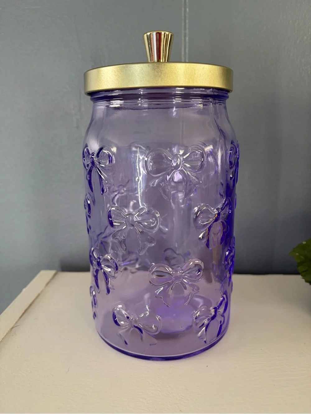 Purple Embossed Bow Glass Jar with Gold Lid
